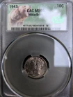 1943 CACG MS66 Mercury Dime 10c, Superb Gem, Stunning Obverse  Tone CAC