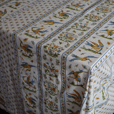 Vtg Soleil De Provence Tablecloth Blue, Yellow w Herons, Floral, France 72x92''