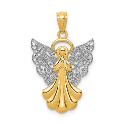 14k Bicolor Gold Engel Anhänger Beten Charm mit filigranen Flügeln und Heiligenschein