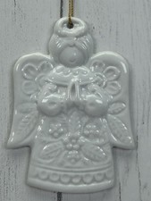 Vintage White Bisque Porcelain Angel Christmas Tree Ornament Embossed Floral