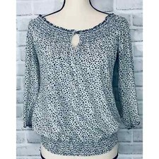 Lucky Brand Blouse Sz S Blue Floral Print Off-Shoulder 3/4 Sleeve Smock Keyhole