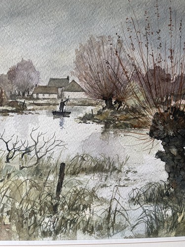 VINTAGE AQUARELL R HAROT FRANZÖSISCHER KÜNSTLER LANDSCHAFT TEICH MANN BOOT LANDSCHAFT - Bild 7 von 14