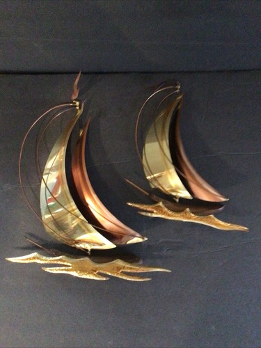 Vintage Mid Century Wandbild Segelboote Messing Kupfer Metall Holz 2er Set