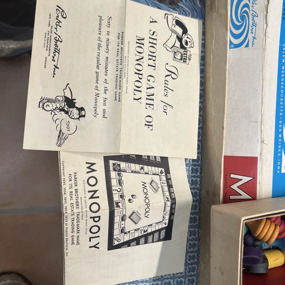 Vintage 1954 Monopoly Popular Edition Wooden Pieces Parker Brothers Manual Lot - Image 2 of 4