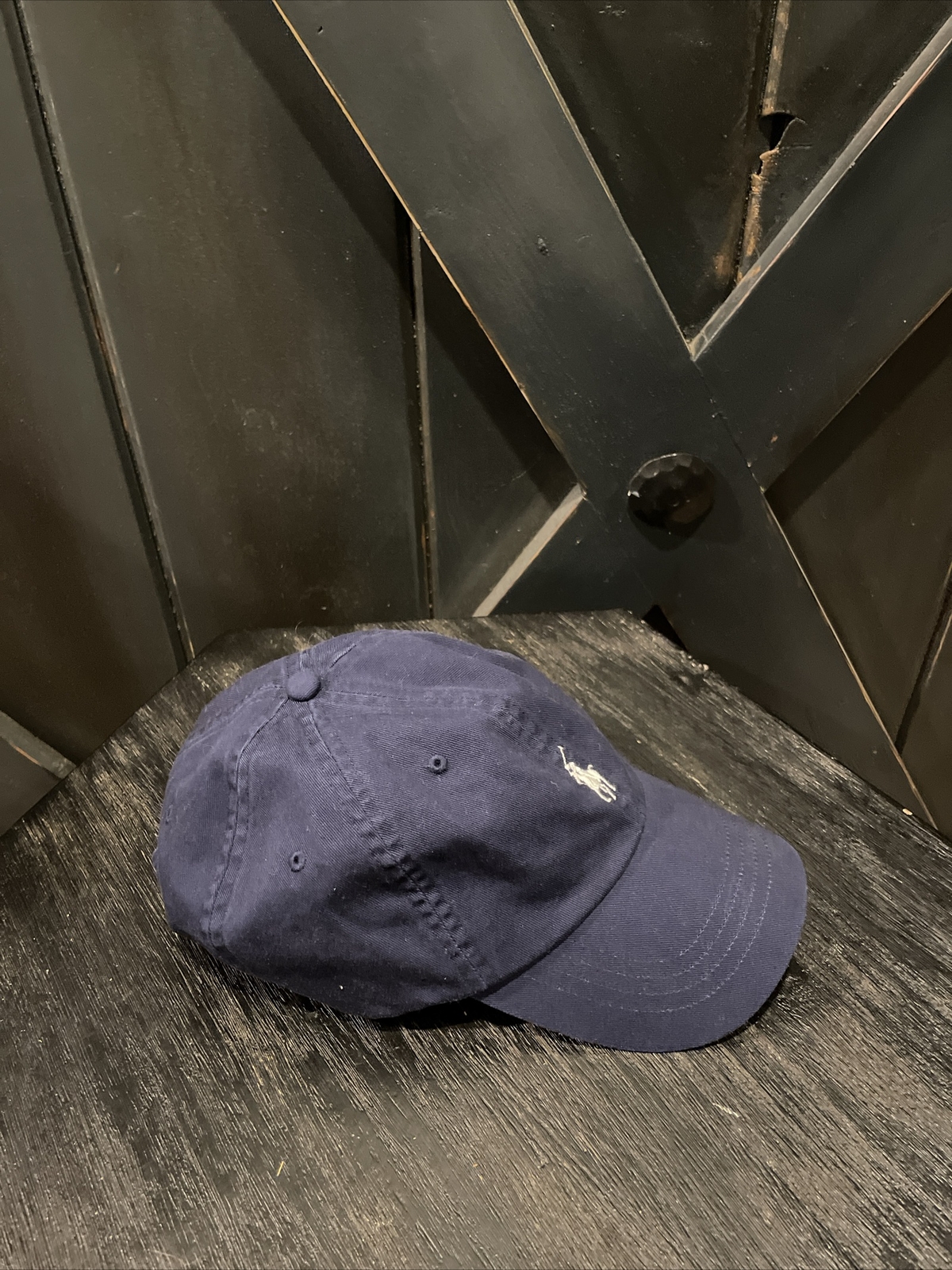 Cappello pony Polo Ralph Lauren berretto da baseball strapback blu bianco O S ottime condizioni