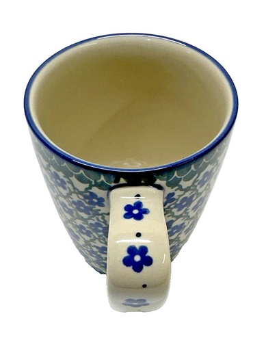 Ceramica polacca fatta a mano in Polonia, tazza da tè caffè, graziosi fiori blu 5 petali - Foto 14 di 15