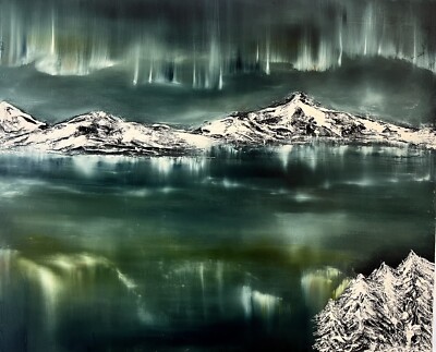 Original signed oil painting textured art. Northern lights. Green white mountain