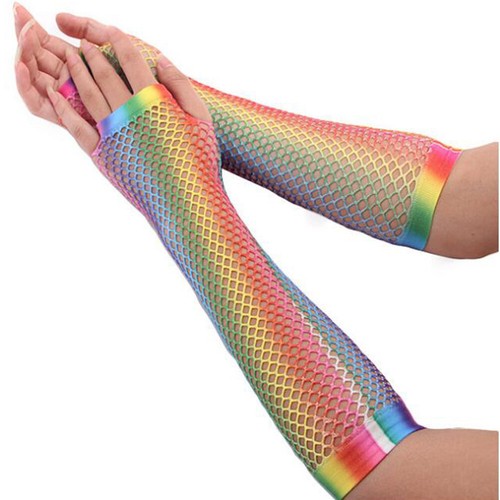 Frauen Sexy Regenbogen-Fischnetz-Handschuhe Ausgehöhlte Löcher Fingerlose < - Bild 4 von 13