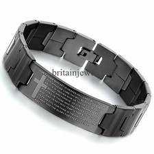8.5" Mens English Bible Prayer Cross Black Stainless Steel Bangle Bracelet 16MM