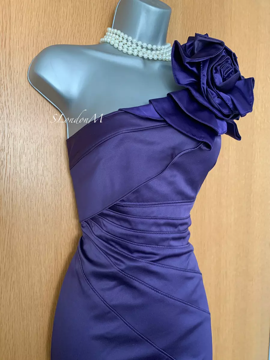 Karen Millen UK 10 Purple Satin Rose Corsage One Shoulder Wiggle Cocktail Dress