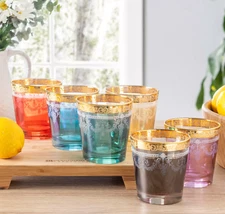 LORREN HOME TRENDS MULTICOLOR GOLD DOUBLE OLD FASHION GLASS 6 PCS 10OZ 3.75" NEW