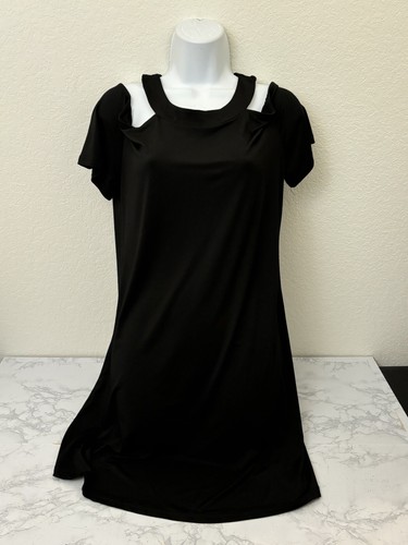 Women’s Strappy T Shirt Dress Sz L Black LBD Short Sleeve Cold Shoulder V