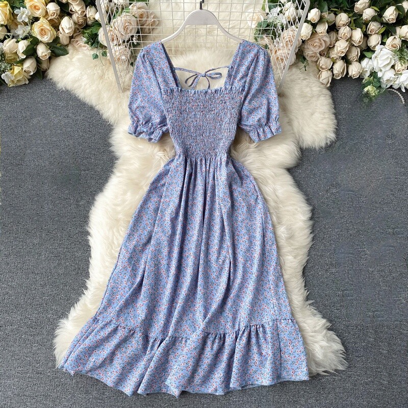 Lady Tea Dress Floral Ruffle Chiffon Square Neck Puff Sleeve Midi Fitted Summer