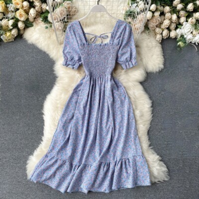 Lady Chiffon Square Neck Puff Tea Dress Floral Ruffle Sleeve Midi Fitted  Summer | eBay