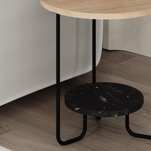 FWStyle 2 Tier Side Table Metal Frame Scratch Resistant Oak & Black Marble - Picture 3 of 5