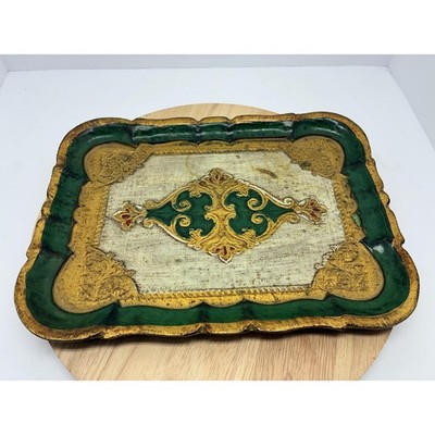 Vintage Italian Florentine Tray Capri Gilt Wood Hollywood Regency Gold Green