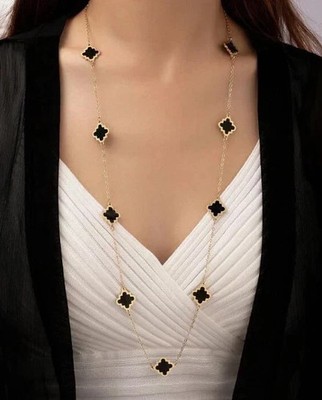 No Stone Sterling Silver 14K Yellow Gold Plated Black Leaf Clover Necklace 36IN''