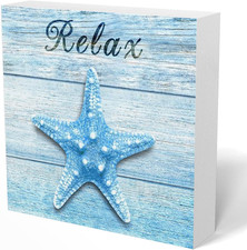 Relax Beach Signs Decor, Rustic Ocean Starfish Blue Wooden Box Sign for Coastal