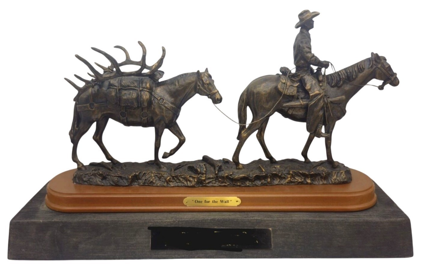 Western Bronze Sculpture "One For The Wall Horse Elk Hunt Cowboy Pack Montana