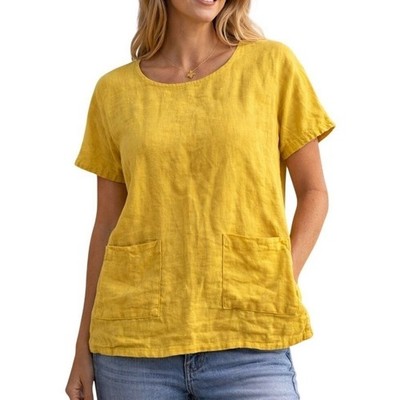 Francesca Bettini Linen Top L Yellow Made in Italy Lagenlook Boho Coastal Summer