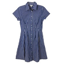 J.CREW Striped Poplin Pleated Mini Shirt-Dress 2 Night Sky White Pockets NWT B23
