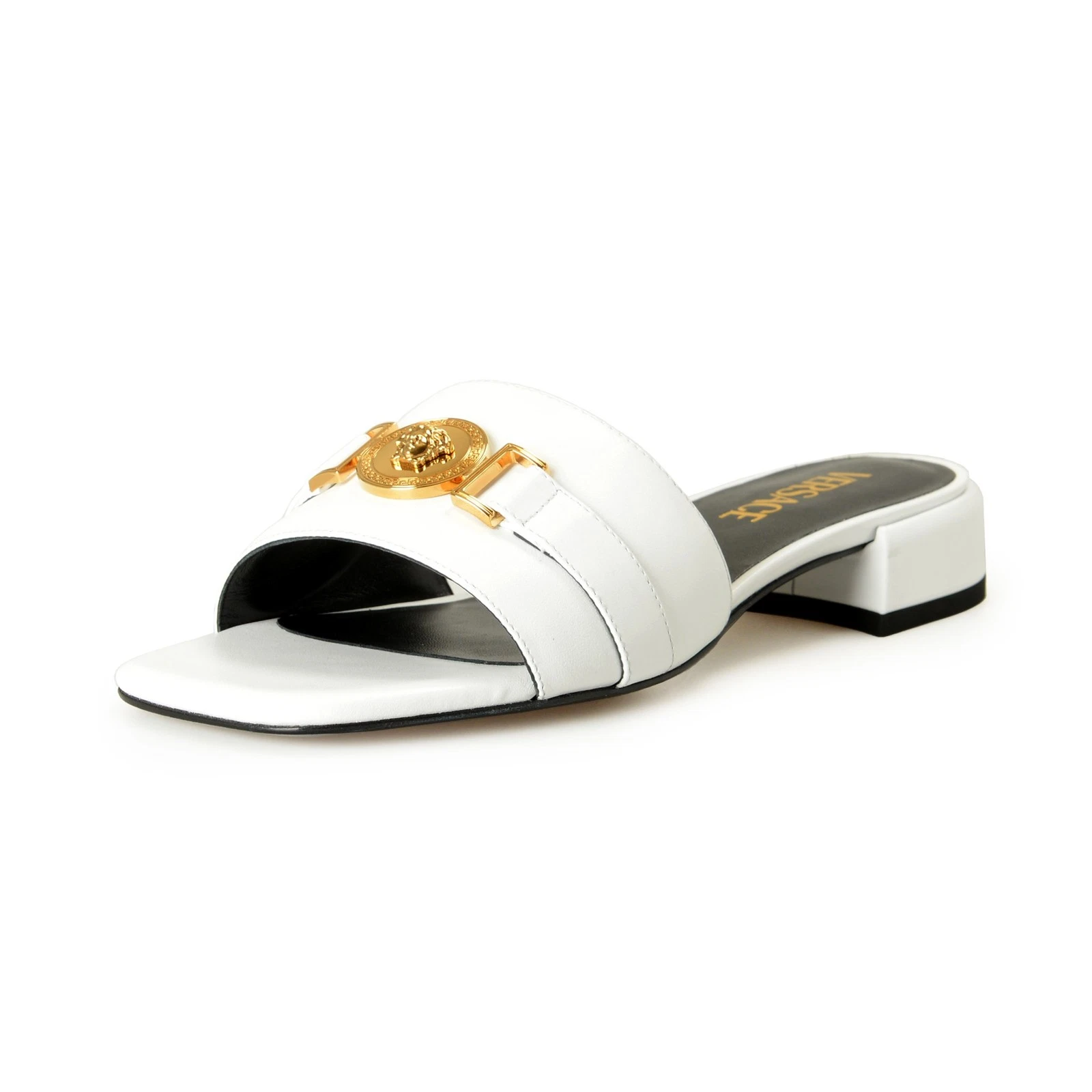Versace — Versace Women's White Leather Gold Color Medusa Sandals Mules Shoes US 5 IT 35