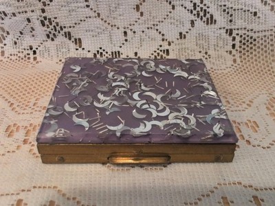 Vintage Lucite Purple Silver Color Moon Confetti Compact W/Powder Pad, Tradition