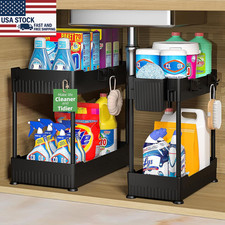 2 Pack Under Sink Organizer 2 Tier Storage Shelf Kitchen Bathroom Cabinet Black
