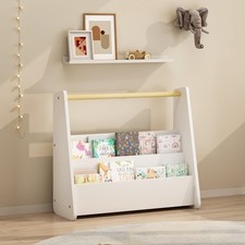 White 2-Tier Toddler Bookshelf with Wooden Ha...