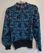 Vintage Demetre Virgin Wool Blend Women's Ski Sweater Size Medium 1/4 Zip Blue