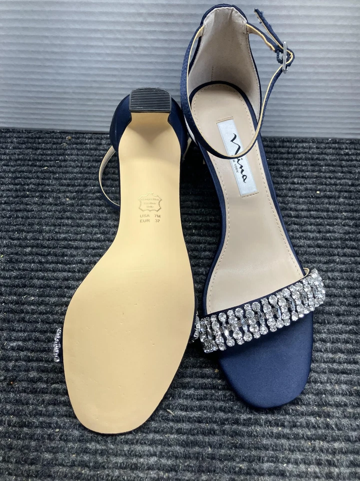 Sandalias Nina para mujer talla 7 azul marino correa al tobillo estrás gatito tacón vestido Foto 4 de 4