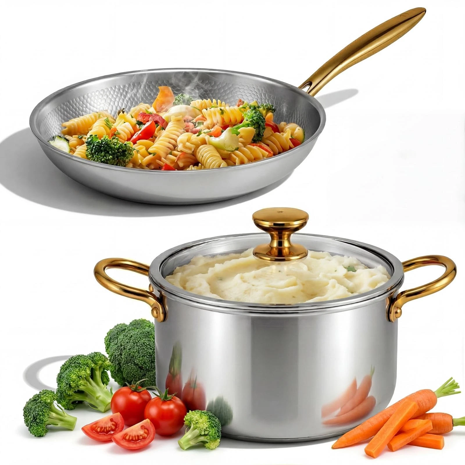 Cookware Set 2 Pieces 11'' and 9.45'' Triply Titanium Pan and Soup Pot Oven