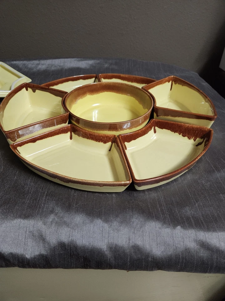  7 Piece Set  Ceramic Yellow & Brown Server  - Image 3 of 4
