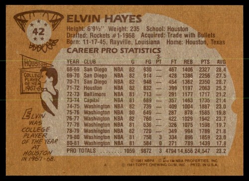 1981-82 TOPPS ELVIN HAYES HOUSTON ROCKETS #42 - Picture 2 of 2