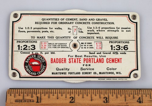 Vintage 1922 Badger State Portland Cement Concrete Calculator Card Manitowoc WI