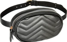 Black PU  Leather Waist Crossbody Waterproof Fanny Pack w/Belt & Zipper Closure