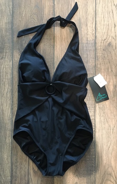 Aqua Green One Piece Halter Top Swimsuit With Ring Large Black 7 For Sale Online Ebay