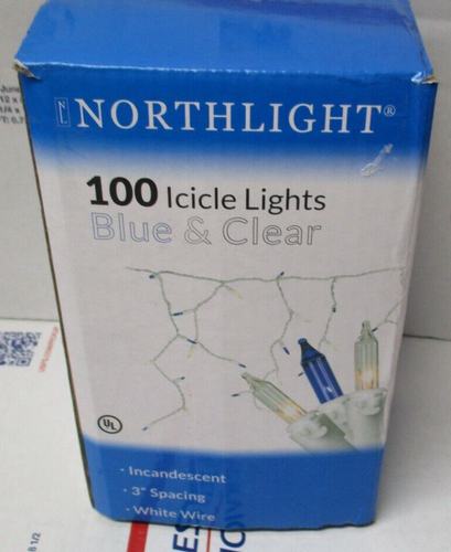 NEW NORTHLIGHT 100 MINI ICICLE LIGHTS BLUE & CLEAR BULBS & WHITE WIRE 5.75' LONG