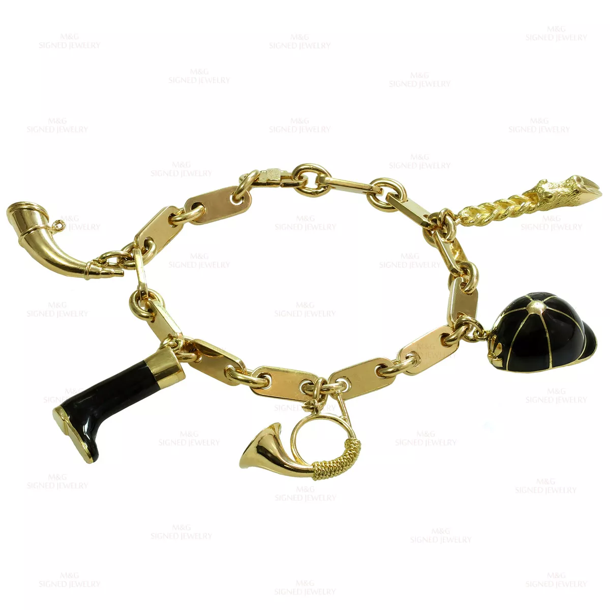 HERMES Charm Bracelet Paris Horse Rider Black Enamel 18k Yellow