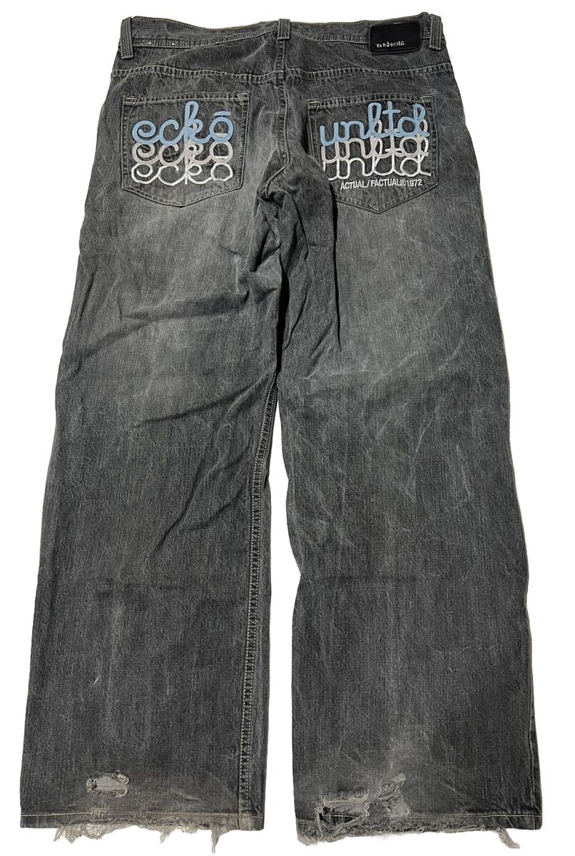 Vintage 90s Y2K Ecko Unltd Mens Black Denim Jeans Baggy Sewn Vintage 90s Y2K Ecko Unltd Mens Black Denim Jeans Baggy Sewn