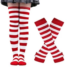 Stripe Arm Warmer Leg Stocking Striped Thigh High Socks Fingerless Red&white