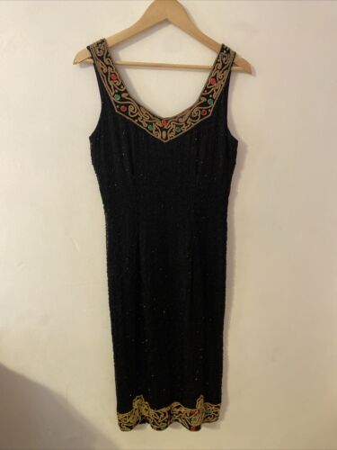 Vintage Lauren Alexandra 100% Silk Black Beaded Sequin Midi Dress Size Medium - Picture 3 of 15