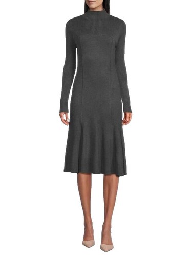 knee length dresses for ladies Donna Karan Women's Long Sleeve Satin Midi Shirt Dress in Cinnabar main image 1