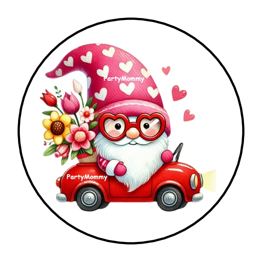 PARTYMOMMY GNOME VALENTINES CAR FLORAL ENVELOPE SEALS LABELS STICKERS 1.5" ROUND FAVOR (30)