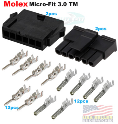 Molex Single Row 6 Pin M & F Housing w/ Pins 20-24 AWG Micro-Fit 3.0  (Pack 2)