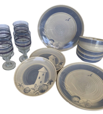 16 pc Pfaltzgraff 12 Rio Beach House Dinnerware Melamine 4 Glass Goblets New
