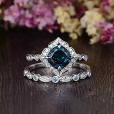 14K White Gold Plated 3Ct Cushion Lab-Created London Blue Topaz Engagement Ring