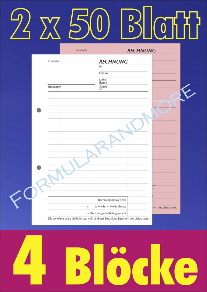 EIGENE HERSTELLUNG RECHNUNGSBLOCK, 4 STÜCK,DIN A5,SD, 2x50 BLATT, RECHNUNG, 4 Rechnungsblöcke,