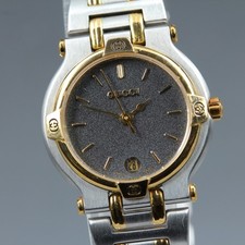 Near MINT GUCCI 9000L Date Black Dial Gold Silver GP Quartz 25mm Ladies Watch