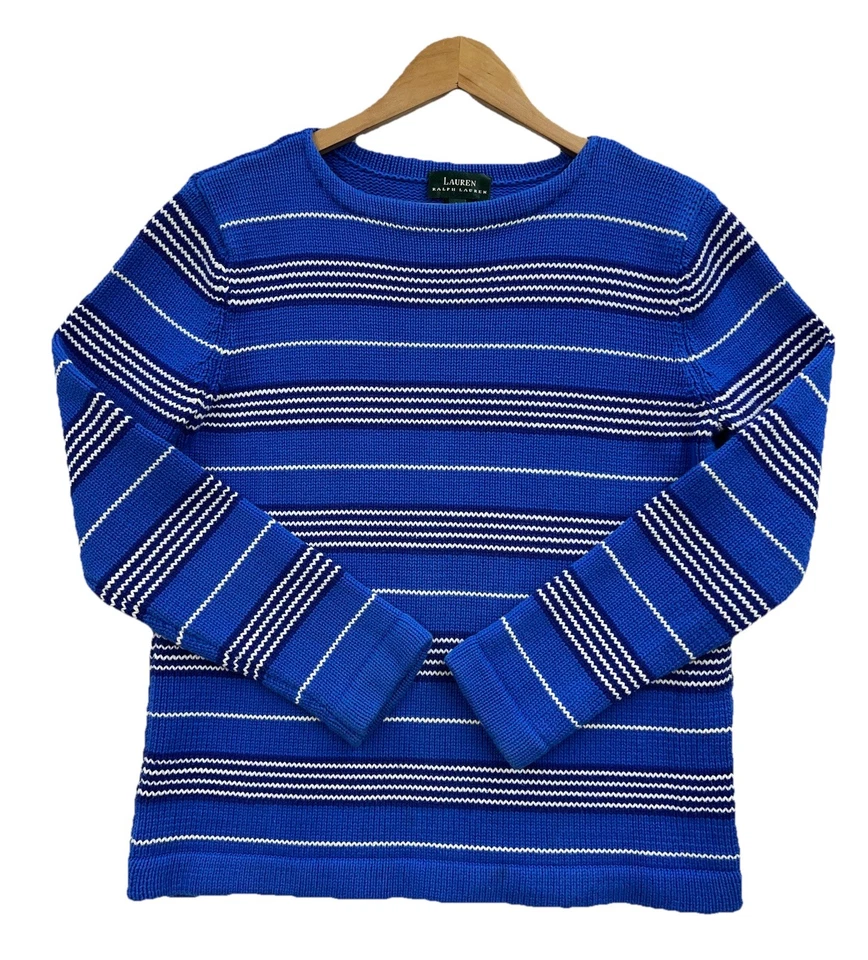 Suéter De Colección Años 90 Ralph Lauren Tejido Pesado Algodón Azul Real Rayas Grunge Mujer L Foto 4 de 4